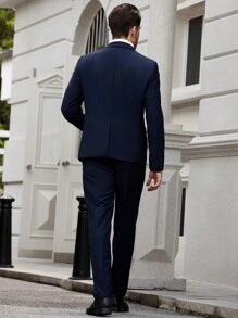 Manfinity Bizformal 男士單排扣拼色翻領長袖西裝外套和褲子套裝 - 藍色 - 查看 2