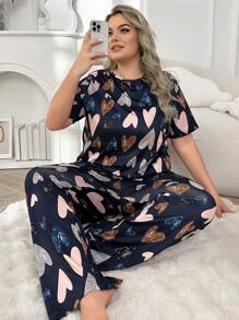 Bộ áo thun và quần ngắn tay in hình trái tim Plus Size - Màu xanh hải quân - Xem 1