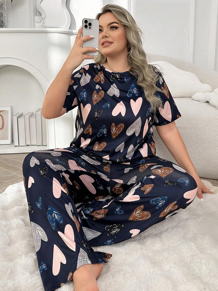Bộ áo thun và quần ngắn tay in hình trái tim Plus Size - Màu xanh hải quân - Xem 1