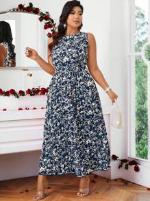 SHEIN Belle Vestido de verano sin mangas con volantes en el bajo y estampado para tallas grandes - Azul Marino - Ver 5