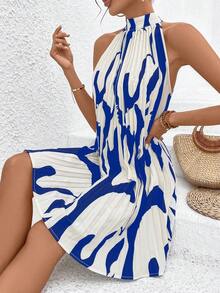 SHEIN VCAY Đầm trễ vai in họa tiết ngẫu nhiên dành cho nữ - Màu xanh lam - Xem 4