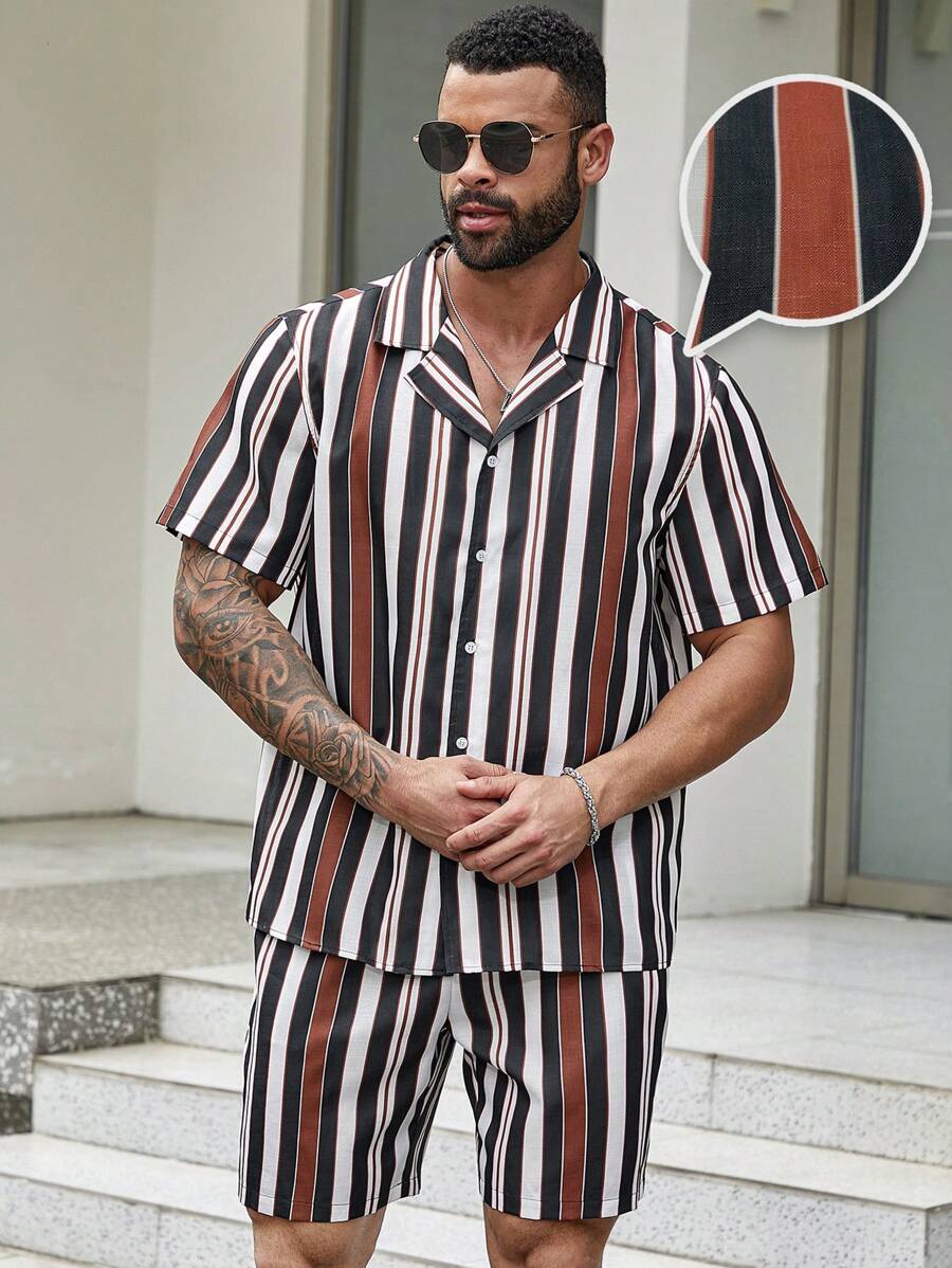 Manfinity Homme Men Plus Size Striped Print Short Sleeve Shirt And Shorts Set - Multicolor - View 1