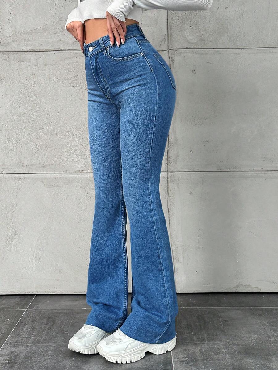 SHEIN Cottnline 女士貓鬚喇叭牛仔褲 - 藍色 - 查看 1