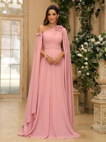SHEIN Belle 3D Flower, Chiffon, Asymmetrical Neck Bridesmaid Dress With Graceful Sleeves (Heavy Industry) Formal Ball Gown For Women, Elegant Long Sleeve Prom Evening Wedding Guest Dress, For Graduation, Dinner Party Dress