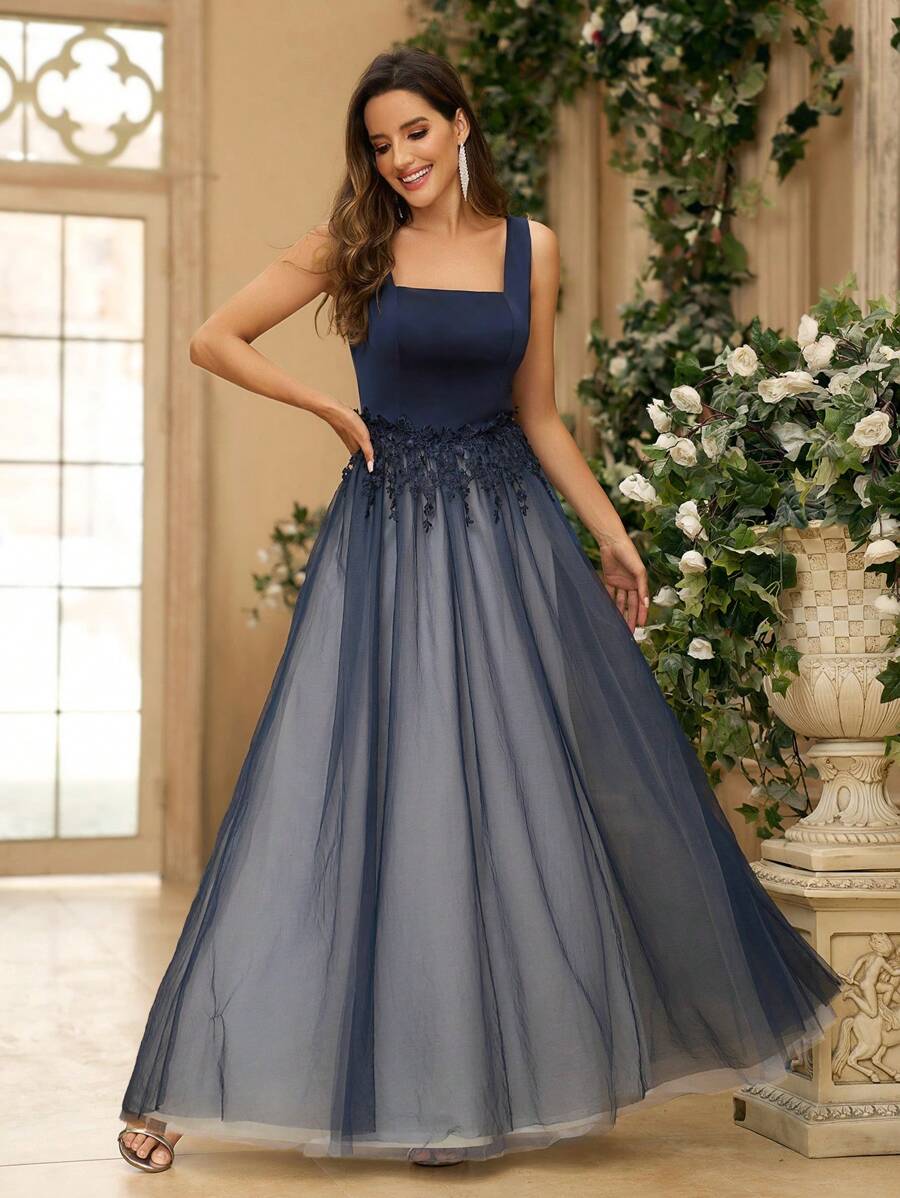 SHEIN Belle Đầm dạ hội công nghiệp nặng cổ vuông thanh lịch & lãng mạn có thêu ở eo và nhiều lớp trang trí lưới và ren Áo choàng bóng trang trọng cho nữ - Màu xanh lam - Xem 1