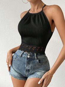 Firerie Guipure Lace Panel Backless Women Tank Top - Black - View 2