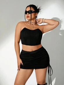 SHEIN ICON Y2k 修身鱼骨露肩紧身胸衣 + 褶皱裙大码套装夏季黑色两件套音乐节节日服装 - 黑色 - 查看 1