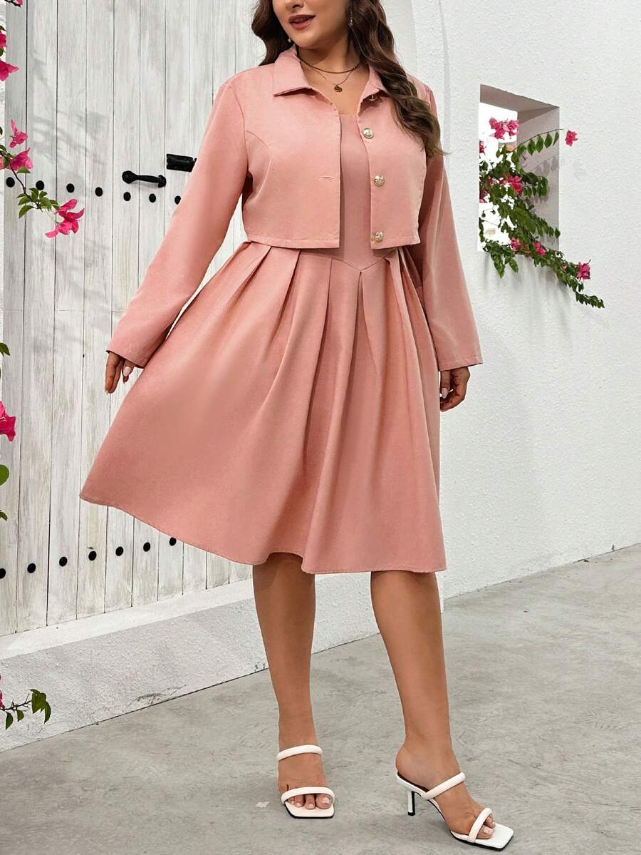 SHEIN Privé 優雅的連衣褲,尺寸超大,春夏單排扣長袖外套和絲質長裙 - 粉色 - 查看 1