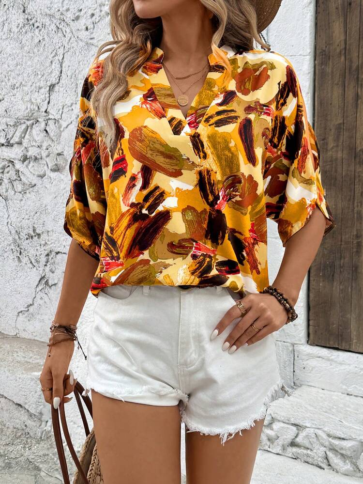 Off-The-Shoulder Colorful Brush Stroke Print Blouse With Notched Collar, Spring