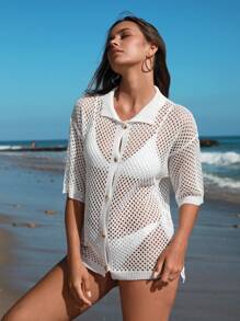 SHEIN Swim Women's Beach Cover Up Short Sleeve Hollow Out Knitted Kimono Cover Up Solid Color Summer
