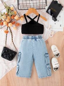 夏季寶寶女孩帶點俏皮氣息的休閒牛仔裝套裝 - 黑色 - 查看 2
