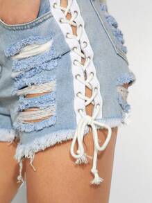 Denimoi Lace Up Side Ripped Slant Pocket Denim Shorts - Light Wash - View 3