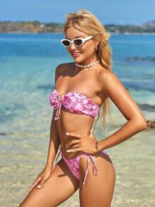 SHEIN Swim Women's Beach Vacation Floral Print Bandeau Hollow Out Lace-Up Sexy Bikini Set (Random Print),Summer Beach