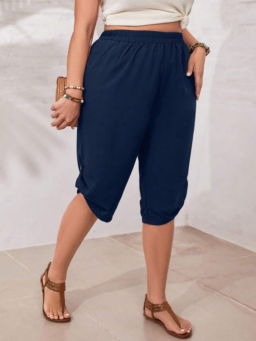 SHEIN VCAY Plus Size Women's Elastic Waist Ruched Hem Rolled-Up Capris Summer Pants - Navy Blue - View 1