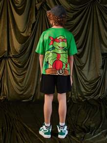 TEENAGE MUTANT NINJA TURTLES X SHEIN Maglietta con stampa a fumetti verde casual con collo tondo, maniche corte e vestibilità larga, adatta ai ragazzi adolescenti