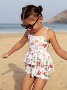 SHEIN Costume da bagno a due pezzi con stampa a conchiglia e balze per ragazze giovani