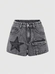 ROMWE Grunge Punk Pantalones cortos de mezclilla con bolsillo de carga gris, parche de estrella negra bordado, estilo punk libre, para mujer, escuela