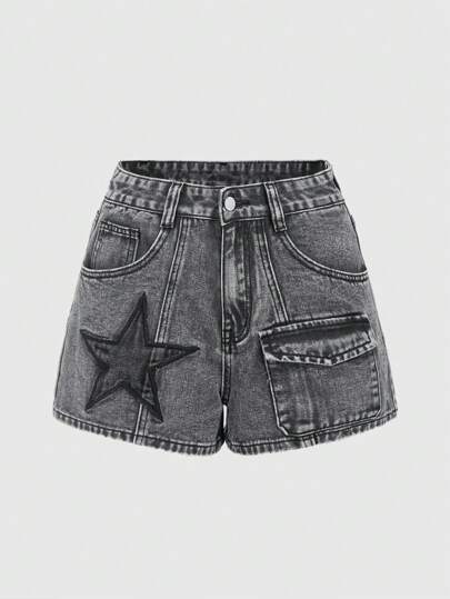 Grunge Punk Free Punk Style Black Star Patch Embroidered Gray Cargo Pocket Women Denim Shorts, School