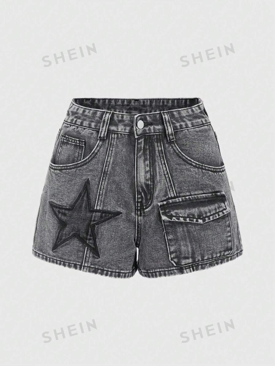 ROMWE Grunge Punk Pantalones cortos de mezclilla con bolsillo de carga gris, parche de estrella negra bordado, estilo punk libre, para mujer, escuela