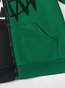 SHEIN 青少年男孩休閒連帽拼接毛衣，帶塗鴉圖案，秋季款 - 綠色 - 查看 8