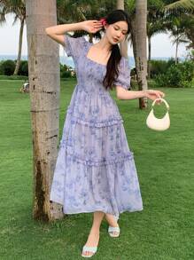 DAZY Women's Chiffon Floral Print Square Neck Elegant Dress Sundress