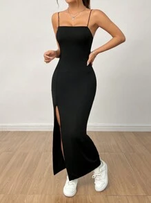 SHEIN PETITE Women's Solid Color High Slit Strap Black Long Dress Dress,Summer Dresses For Women