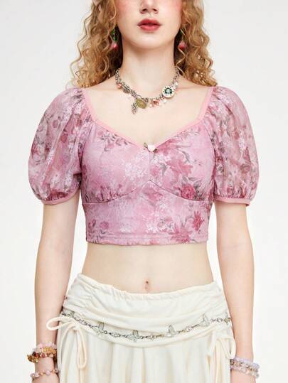 Fairycore Haut court à manches bouffantes en dentelle imprimé Floral Vintage pour femmes pour l'été