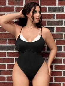 SHEIN SXY Plus 2 In 1 Double Strap High Cut Cami Bodysuit - Black and White - View 5