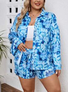 SHEIN VCAY Plus size zomervakantie blauw tie-dye shirt en shorts voor dames, ideaal voor strand- en muziekfestivals