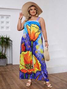 SHEIN VCAY Plus Size Women's Floral Print Wide Leg Jumpsuit With Pockets And Spaghetti Straps For Summer Holiday - Multicolor - View 5