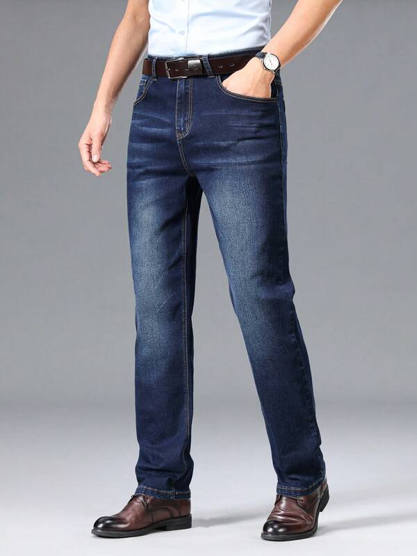 Manfinity Homme Men's Loose Fit Straight Leg Jeans With Pockets, For Casual And Daily Wear, Plain Dark Blue Long Straight Leg Dark Wash Jeans Cargo Jeans, For Husband, Boyfriend Gifts