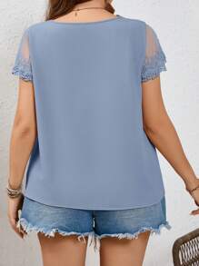 SHEIN Frenchy Plus Size Boho Women's Contrast Lace Short Sleeve Summer Shirt