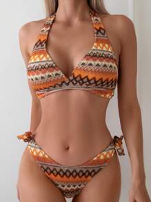 Swim Vcay Summer Beach Ladies' Vacation Geometric Print Halter Tie Beach Fashion Bikini Set