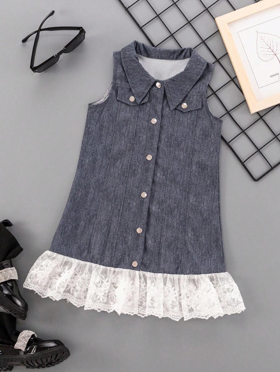 SHEIN 少女夏季牛仔效果拼接蕾丝无袖连衣裙，前开扣 - 黑色 - 查看 1