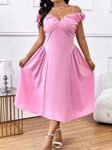 Celure Plus Size Summer Casual Solid Color Cold-Shoulder Ruched Dress With Cinched Waist