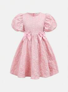 SHEIN فستان فتيات مراهقات بطبعة الورود وياقة دائرية وأكمام منتفخة وزينة عقدة