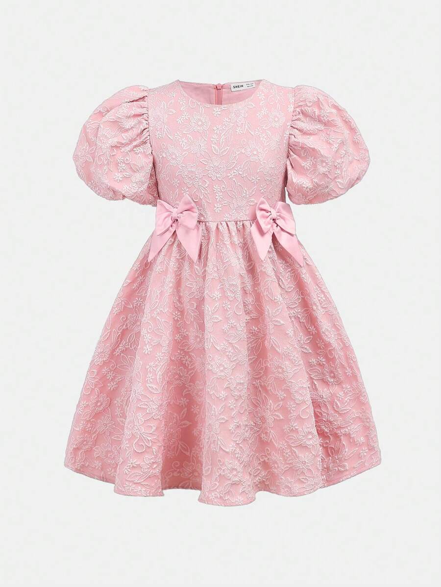 SHEIN فستان فتيات مراهقات بطبعة الورود وياقة دائرية وأكمام منتفخة وزينة عقدة