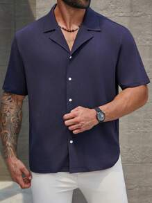 Manfinity Homme Uomo Taglie Forti Camicia a maniche corte a collo con risvolto casual semplice a tinta unita per l"estate - Blu - Visualizzare 7