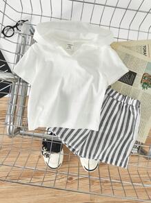 SHEIN Baby Boy Solid Color Hooded Top And Striped Shorts Set, Casual