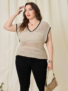SHEIN LUNE Plus Size Women Sweater Contrast Color Hollow Out Tank Top