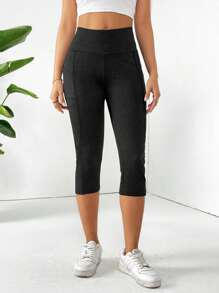 SHEIN Essnce Vrouwen Hoge taille Capri Leggings Met Zakken , Buik controle , Niet-transparant , Training & Yoga Broek
