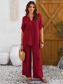 EMERY ROSE Women's Solid Color Notched V-Neck Casual Spring/Summer T-Shirt And Loose Pants 2pcs Set - Burgundy - View 6