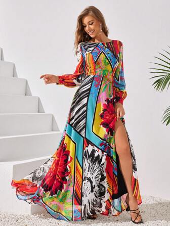 LOVE&LEMONADE Buntes, zufällig bedrucktes, langes Kleid mit Rundhalsausschnitt für Damen mit langen Ärmeln