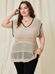 SHEIN LUNE Plus Size Women Sweater Contrast Color Hollow Out Tank Top