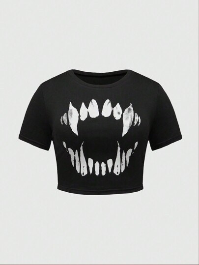 Goth Tee-shirt court ample et décontracté d'été avec ajusté, imprimé de dents, pour l'école