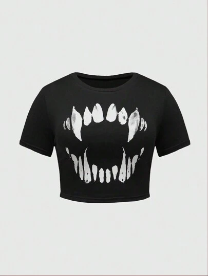 Goth Plus Size Summer Casual Slim Fit Cropped Tee With Tooth Print, School