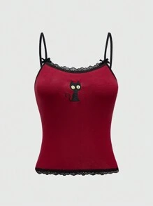 ROMWE Hippie Magic  Black Cat Embroidered Striped Tank Top