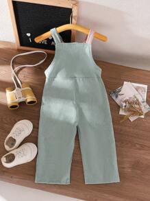 SHEIN Summer Newborn Baby Girls Casual Cute Style Jumpsuit With Front Pocket, Sleeveless, Adjustable Strap, Non-Elastic, Comfortable