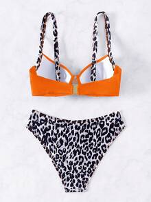 SHEIN Swim 女用撞色豹紋比基尼套裝,隨機印花泳衣適合夏季度假沙灘裝 - 亮橙色 - 查看 5