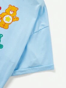 SHEIN X Care Bears Camiseta de talla grande con estampado de osito de dibujos animados coloridos, con hombros caídos y holgada, para verano - Azul - Ver 3